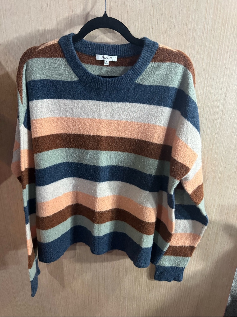 Madewell Wool Blend Striped Crewneck Sweater in Navy, Peach & Brown Size Medium